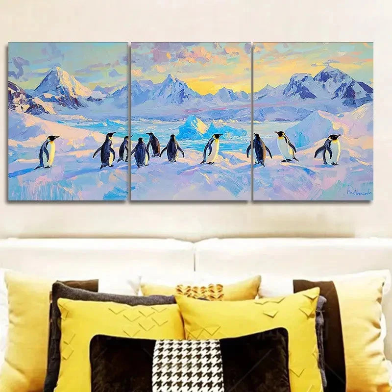 3pcs Arctic ice shelf penguins art I Wall Art Set Canvas Framed 50x70cm - High Quality Print 100% Australian Made Wall Canvas Ready to Hang