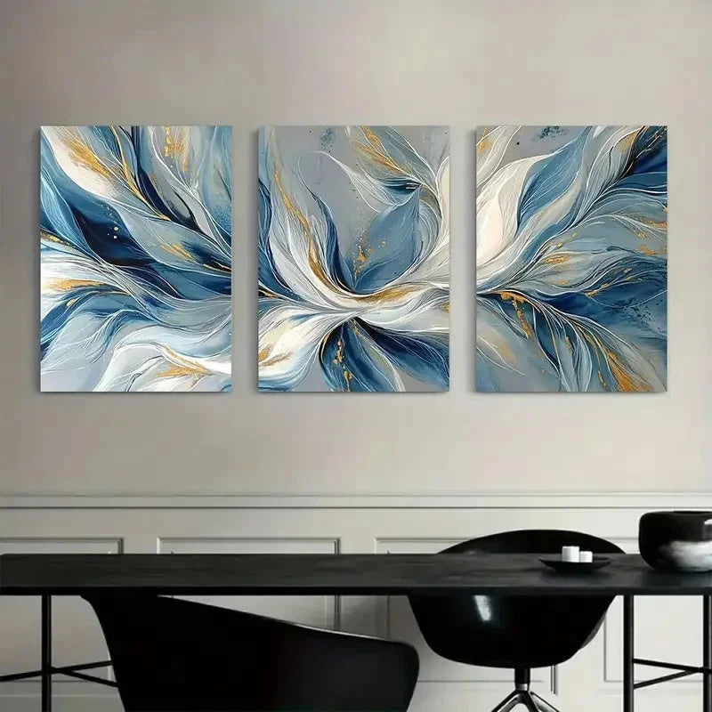 3pcs White and Blue Leaves Flowing Abstract Metal Print Ready to Hang Art