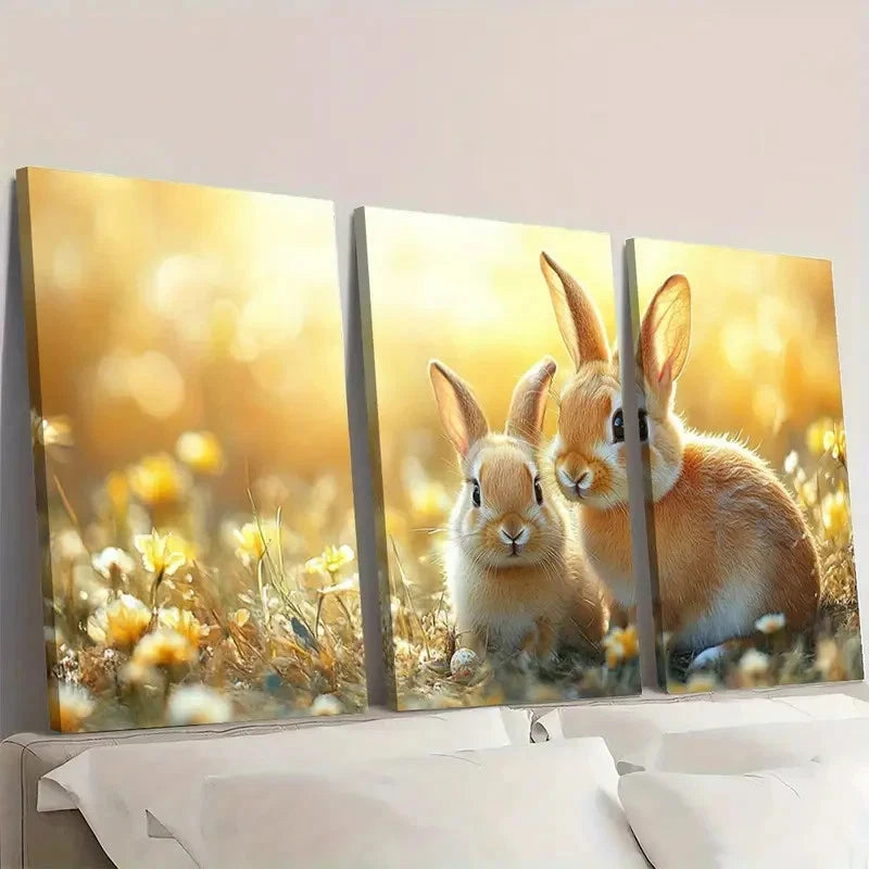 3pcs Easter Bunny Spring Floral & Woodland T Wall Art Set Canvas Framed 60x90cm - High Quality Print 100% Australian Made Wall Canvas Ready to Hang