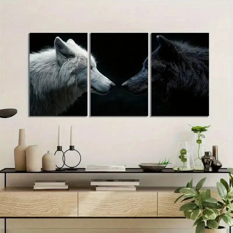 3pcs White & Black Wolf Face Portraits Metal Print Ready to Hang Art