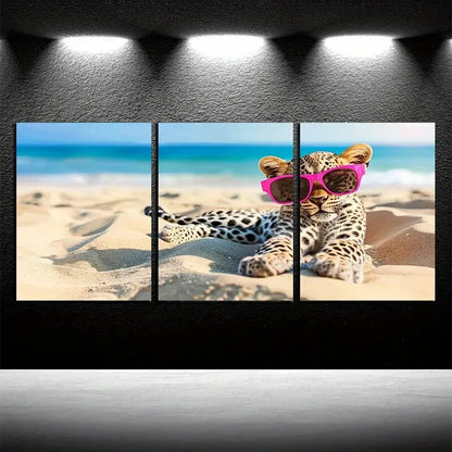 3pcs Vibrant Charming Cartoon Leopard Beach Scene Metal Print Ready to Hang Art