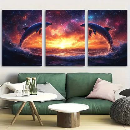 3pcs Neon Dolphins Leaping for galaxy Waves Metal Print Ready to Hang Art