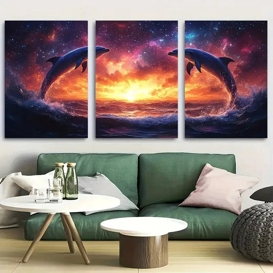 3pcs Neon Dolphins Leaping for galaxy Waves Metal Print Ready to Hang Art