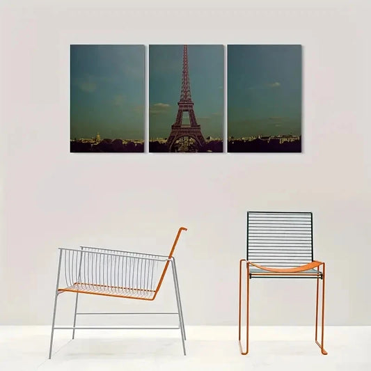 3pcs "Parisian Charm: Eiffel Tower Painting Metal Print Ready to Hang Art