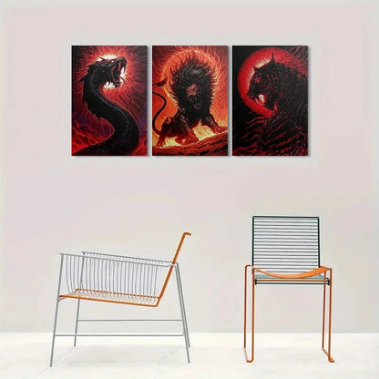 3pcs Fantasy Beast Dragon Lion Wolf Metal Print Ready to Hang Art