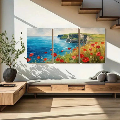3pcs Artistic Ocean Cliffs Landscape Red Flowers Metal Print Ready to Hang Art