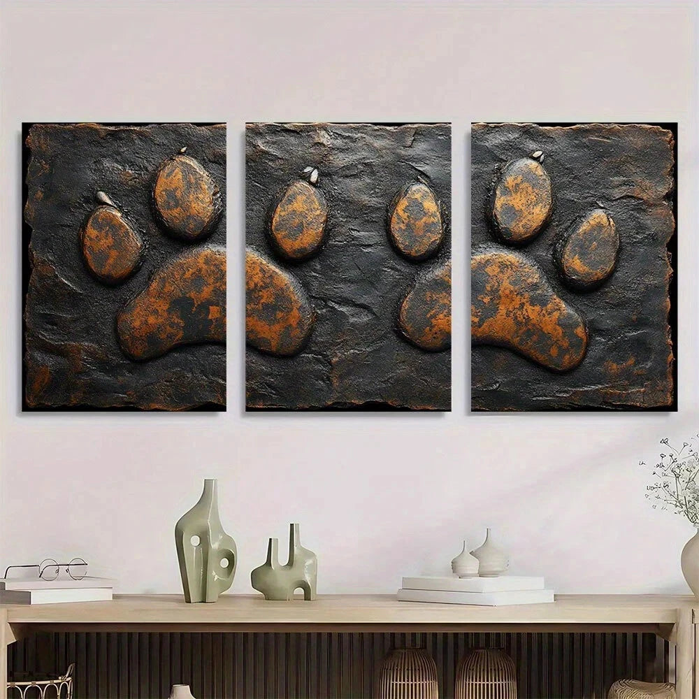 3pcs Dog Paw Charcoal Brown and Black Metal Print Ready to Hang Art