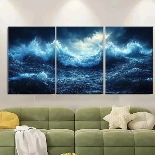 3pcs Sea Foam Waves Storm Seascape VB  Wall Art Set Canvas Framed 50x70cm - High Quality Print 100% Australian Made Wall Canvas Ready to Hang