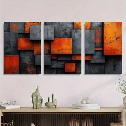 3pcs Abstract Modern Geometric Orange Grey Black Metal Print Ready to Hang Art