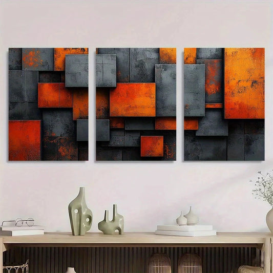 3pcs Abstract Modern Geometric Orange Grey Black Metal Print Ready to Hang Art