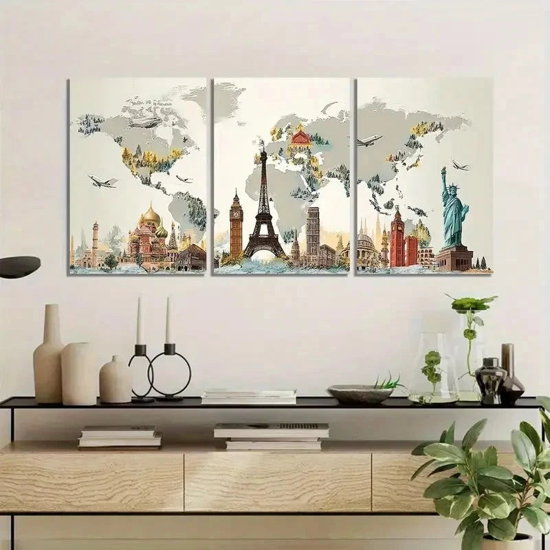 3pcs World Map with Famous Landmarks Painting Metal Print Ready to Hang Art