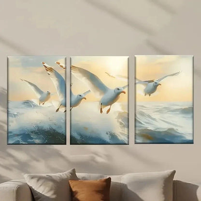 3pcs Seagulls Flying in the Sky at Sunrise Wall Art Set Canvas Framed 40x60cm - High Quality Print 100% Australian Made Wall Canvas Ready to Hang