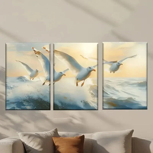 3pcs Seagulls Flying in the Sky at Sunrise Wall Art Set Canvas Framed 40x60cm - High Quality Print 100% Australian Made Wall Canvas Ready to Hang