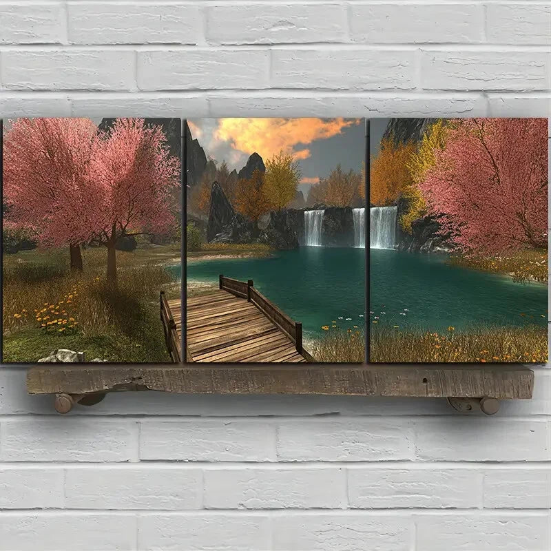 3pcs Waterfalls And Wooden Bridges Metal Print Ready to Hang Art