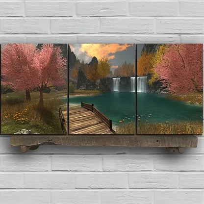 3pcs Waterfalls And Wooden Bridges Metal Print Ready to Hang Art