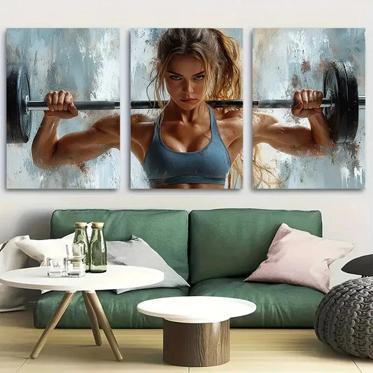 3pcs Muscular Woman Gym Fitness Metal Print Ready to Hang Art