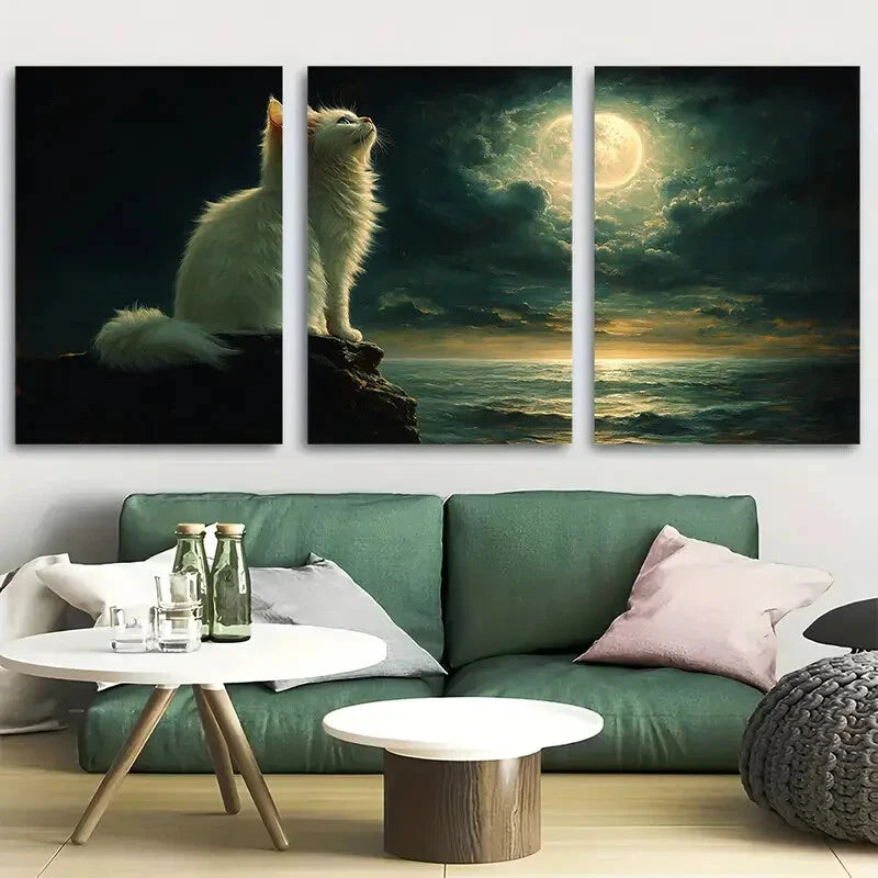 3pcs Cat on the Clouds Moon Gazing Design Metal Print Ready to Hang Art