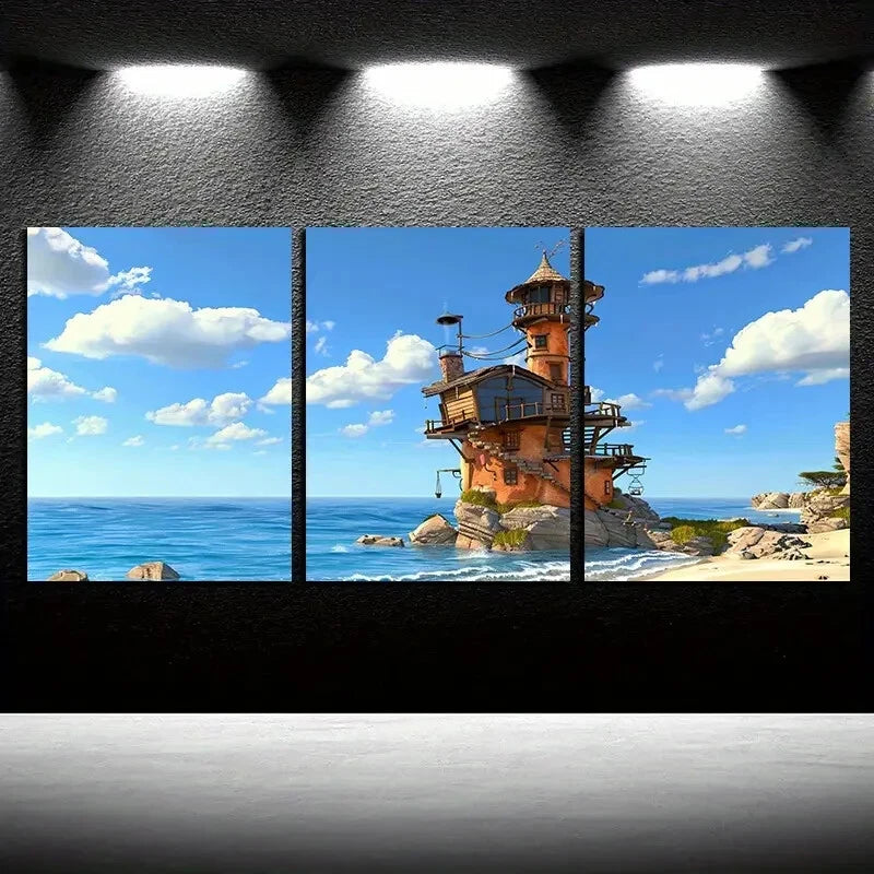 3pcs Dream Sand Tower Seashore Illustration Metal Print Ready to Hang Art