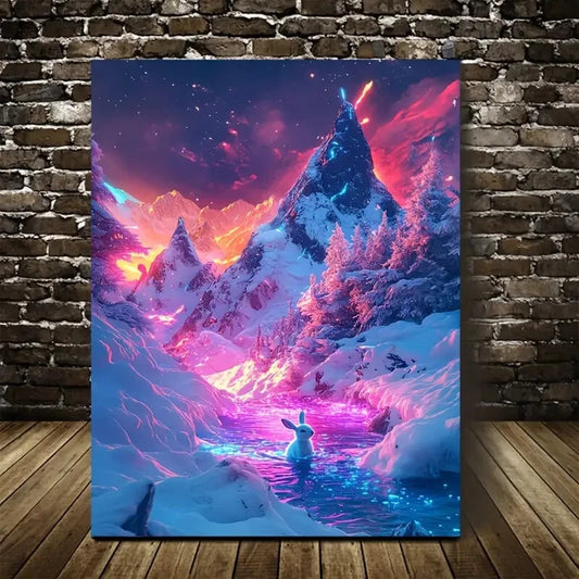 Vibrant Neon Rabbit in Snowy Mountain Painting 40x60cm Metal Print Ready to Hang