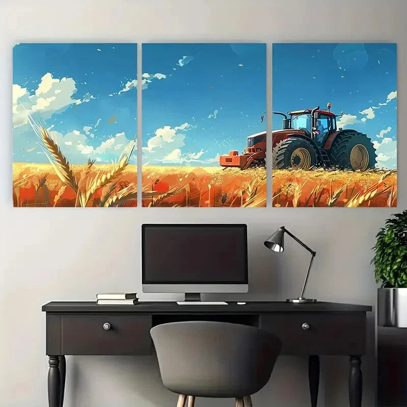 3pcs Tractor in a Wheat Field Agricultural Metal Print Ready to Hang Art