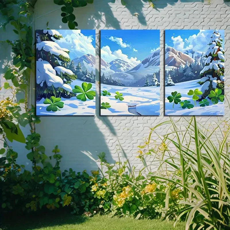 3pcs Vibrant Charming Clover Winter Scene Metal Print Ready to Hang Art