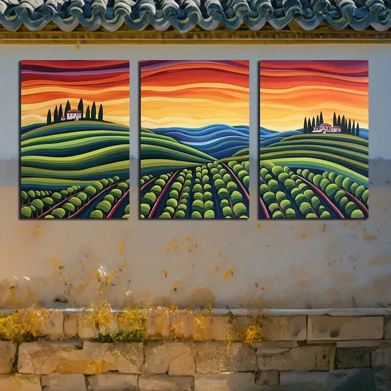 3pcs Vibrant Rural Valley Landscapes with Fields Metal Print Ready to Hang Art