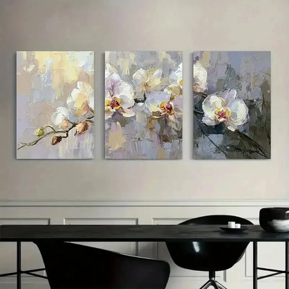 3pcs Abstract White Orchid in Light Gray Metal Print Ready to Hang Art