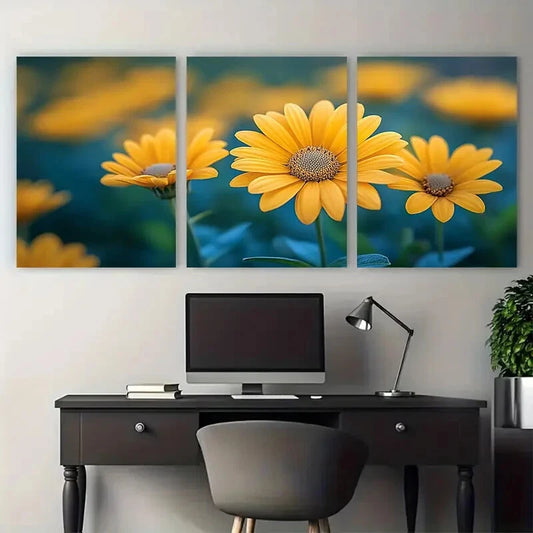 3pcs Vibrant Nature Golden Yellow Summer Flower Metal Print Ready to Hang Art