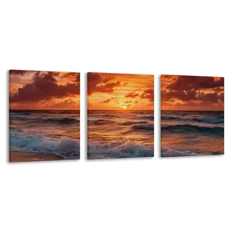 3pcs Orange Red Yellow Pink Blue Ocean Sunset Wall Art Set Canvas Framed 60x90cm - High Quality Print 100% Australian Made Wall Canvas Ready to Hang