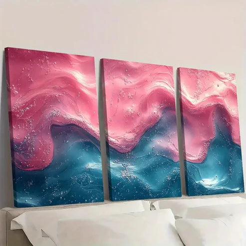 3pcs Vibrant Pink & Green Swirls on Blue GT Wall Art Set Canvas Unframed - High Quality Print 100% Australian Made Wall Canvas