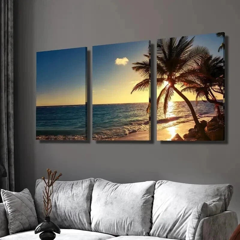 3pcs Sunset at Sea Coco Island Scenery Wall Art Set Canvas Framed 40x60cm - High Quality Print 100% Australian Made Wall Canvas Ready to Hang