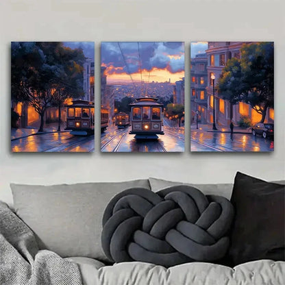 3pcs San Francisco Cable Car at Sunset Metal Print Ready to Hang Art