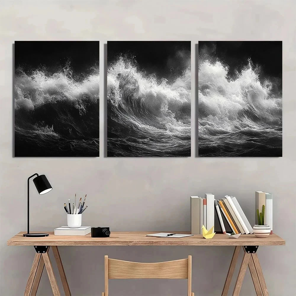 3pcs Black and White Tidal Waves Metal Print Ready to Hang Art