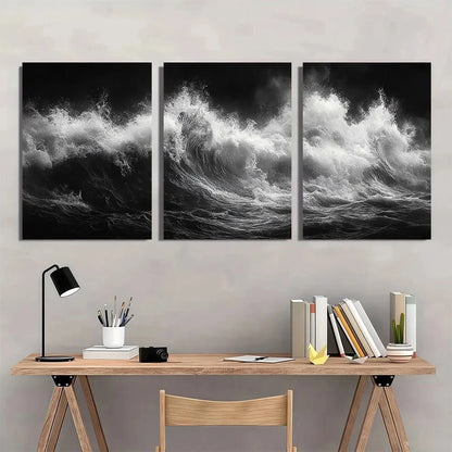 3pcs Black and White Tidal Waves Metal Print Ready to Hang Art