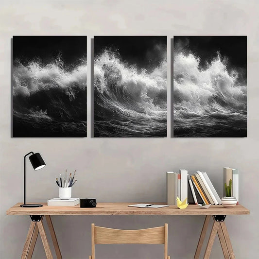 3pcs Black and White Tidal Waves Metal Print Ready to Hang Art
