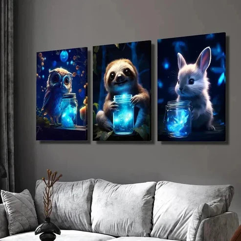 3pcs Luminous Magic Owls Sloths & Rabbits Wall Art Set Canvas Unframed - High Quality Print 100% Australian Made Wall Canvas