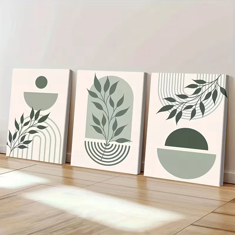 3pcs Boho Floral Art Green and Beige Minimalist  Wall Art Set Canvas Framed 50x70cm - High Quality Print 100% Australian Made Wall Canvas Ready to Hang