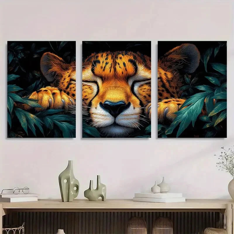 3pcs Vibrant Jungle Scene with Green Leaves & Pine Metal Print Ready to Hang Art