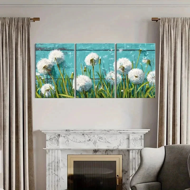 3pcs Dandelion Art White Fluff Blue Background Metal Print Ready to Hang Art