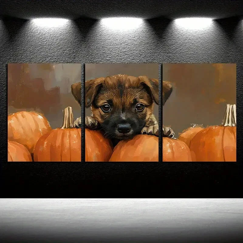 3pcs Vibrant Charming Puppy & Pumpkins Design Metal Print Ready to Hang Art