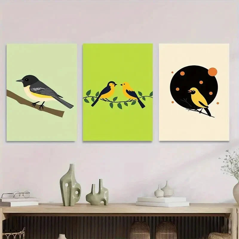 3pcs Modern Minimalist Bird Vibrant Green White Wall Art Set Canvas Framed 40x60cm - High Quality Print 100% Australian Made Wall Canvas Ready to Hang