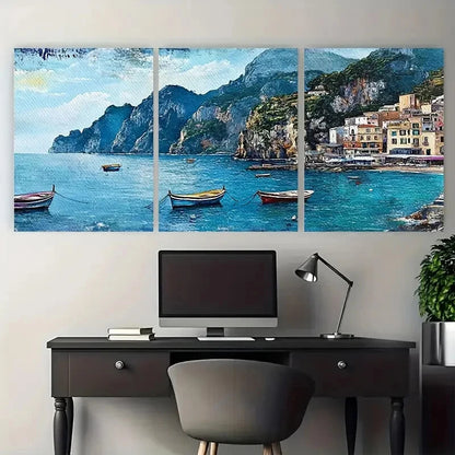 3pcs Vibrant Coastal Village with Building Design Metal Print Ready to Hang Art