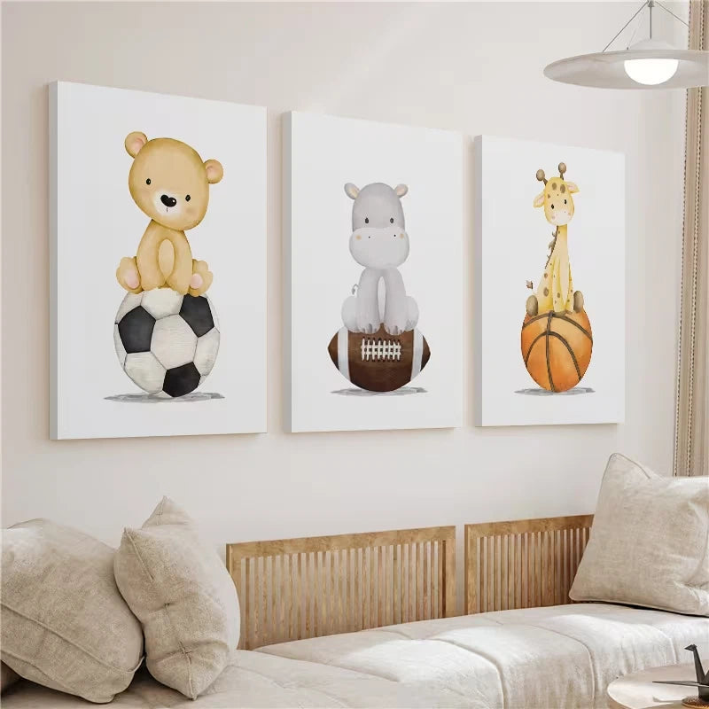 3pcs Sports Safari Animal Watercolor Wall Art Set Canvas Framed 50x70cm - High Quality Print 100% Australian Made Wall Canvas Ready to Hang
