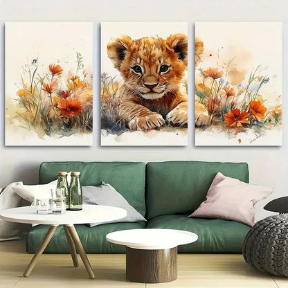 3pcs Lion Cub Playing in Wildflowers Design Metal Print Ready to Hang Art