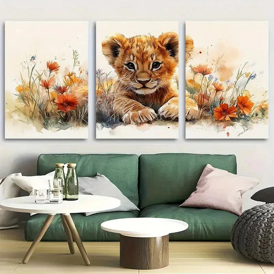 3pcs Lion Cub Playing in Wildflowers Design Metal Print Ready to Hang Art