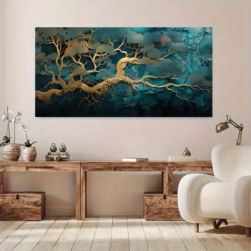 Green and Golden Abstract wall canvas office home room framed 120x60cm - Bella Home Decor