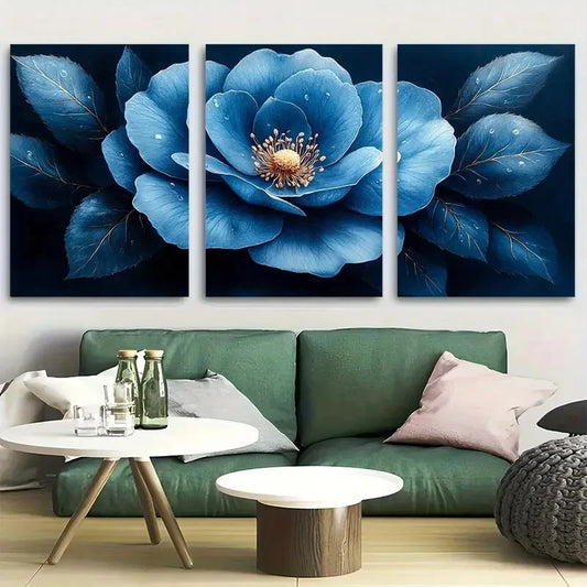 3pcs Elegant Blue and White Flower Metal Print Ready to Hang Art