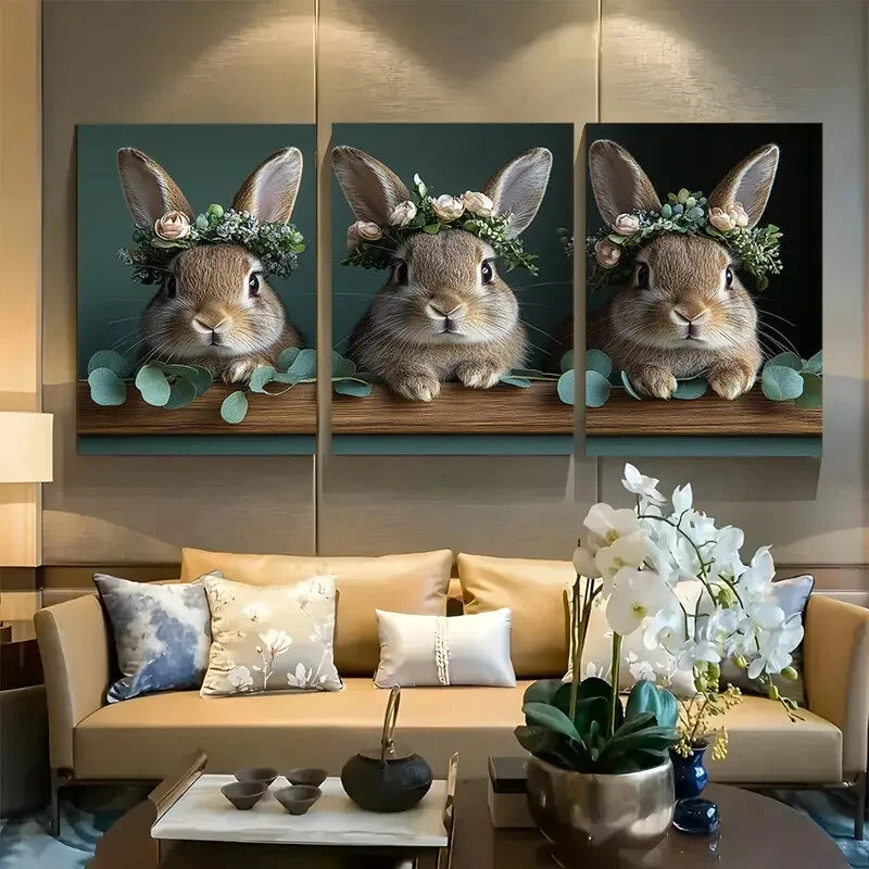 3pcs Charming Bunny Decor with Floral Crowns Metal Print Ready to Hang Art