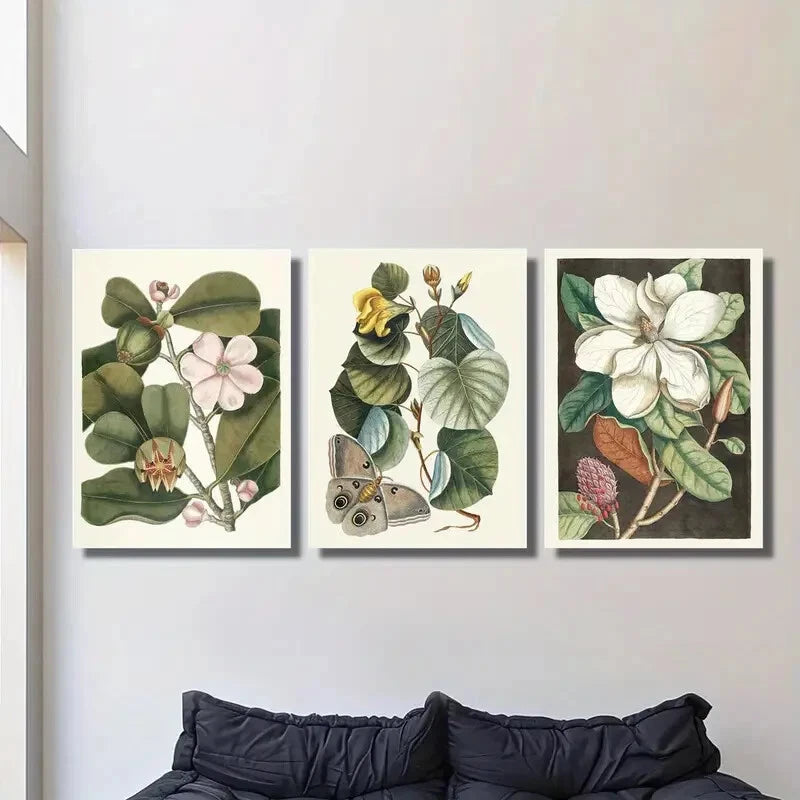 3pcs Vintage botanical magnolia flowers, Metal Print Ready to Hang Art