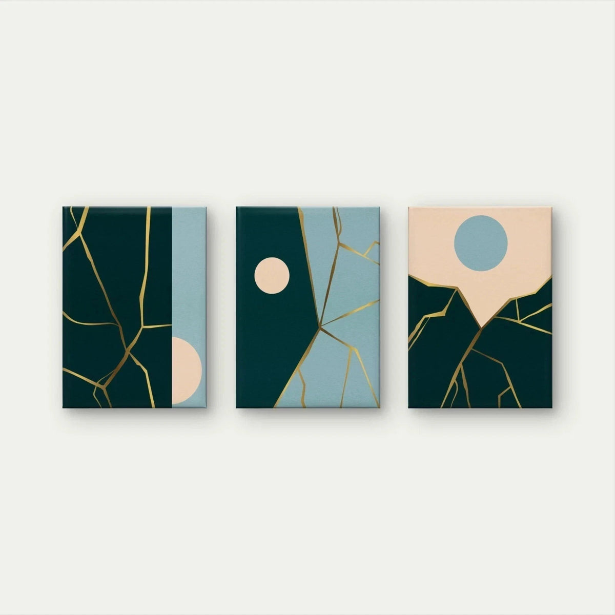 3pcs Japanese Art Inspired Gold and Colour Blue Wall Art Set Canvas Framed 60x90cm - High Quality Print 100% Australian Made Wall Canvas Ready to Hang